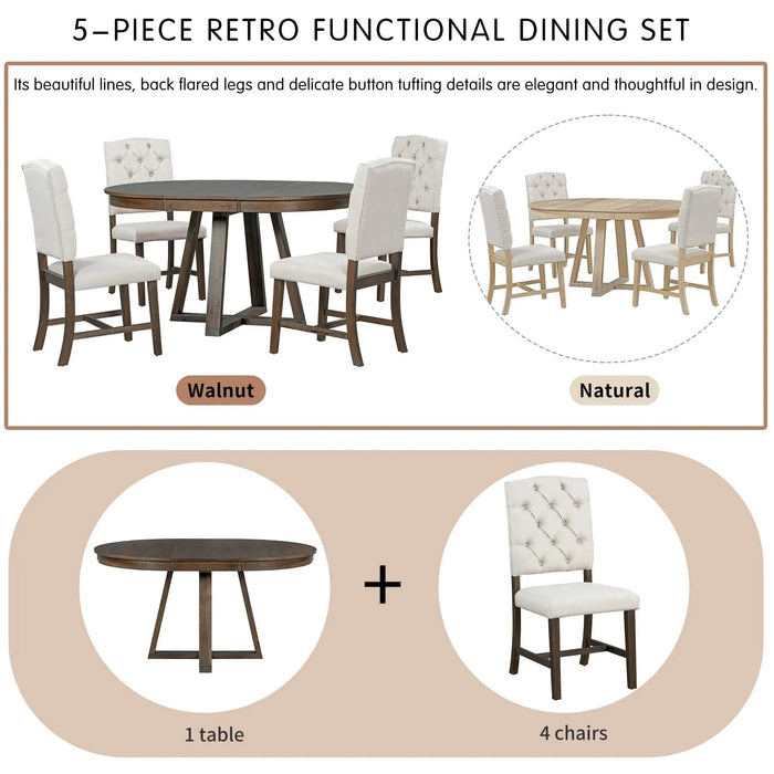 Retro Dining Set with Extendable Round Table and Upholstered Chairs, Walnut Finish, Solid Wood Construction Default -DTYStore