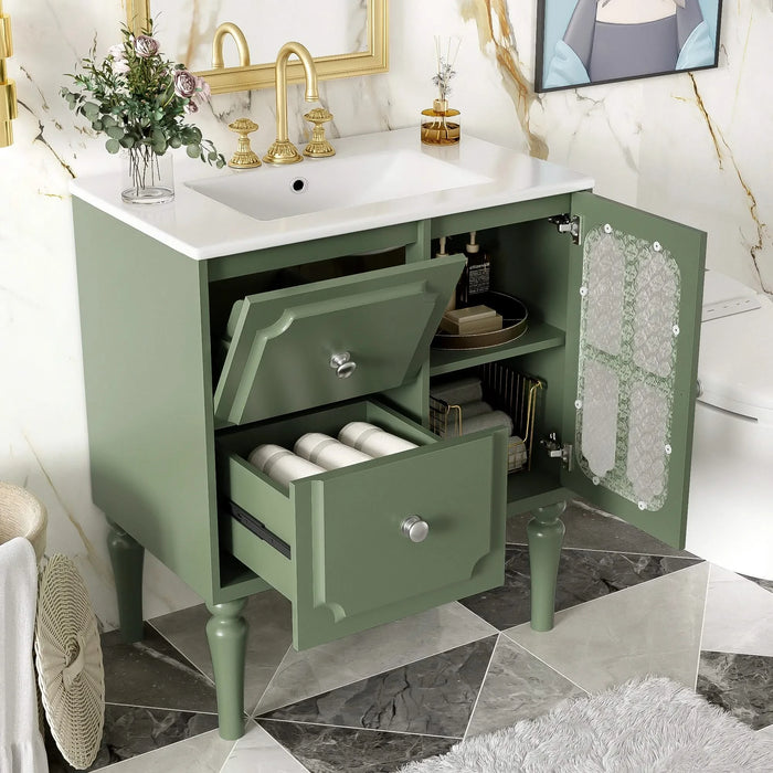 Retro Style 30'' Bathroom Vanity with Ceramic Sink Combo, Freestanding Single Vanity with 2 Drawers, Solid Wood Frame Bathroom Storage Cabinet, Green Default -DTYStore