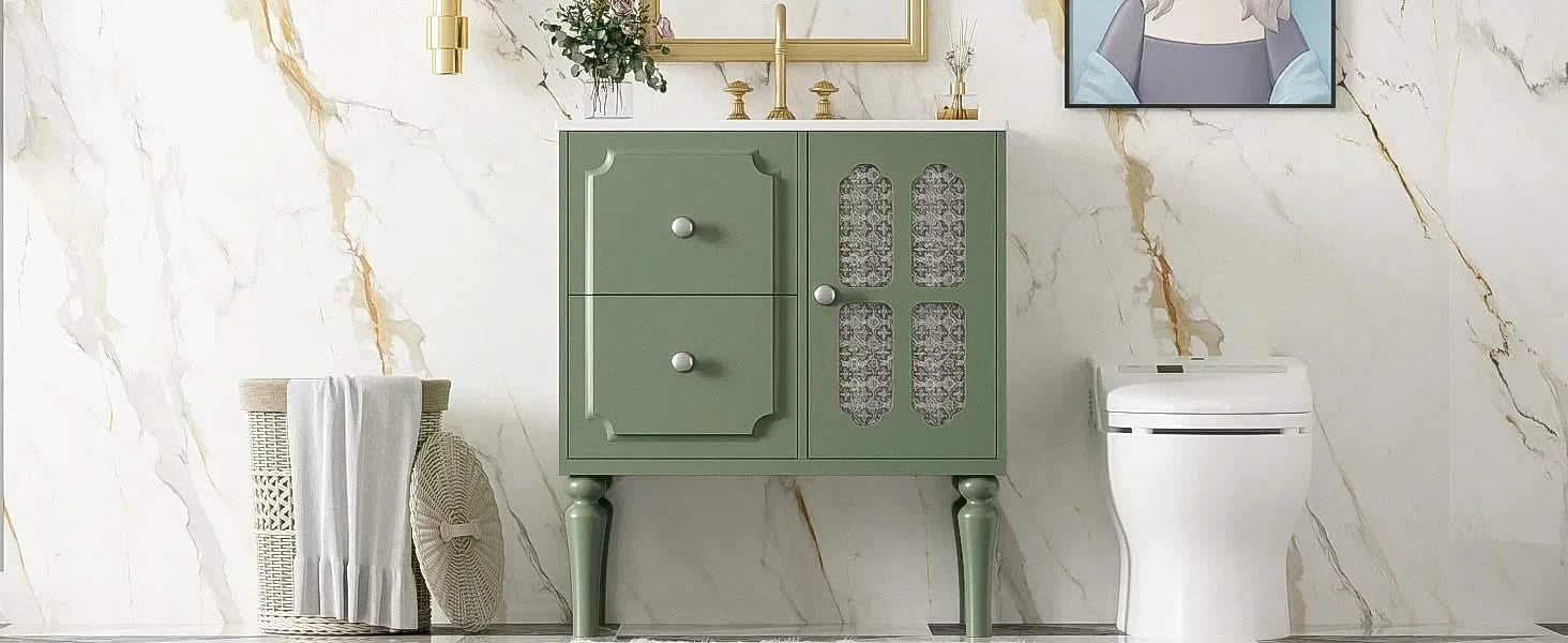 Retro Style 30'' Bathroom Vanity with Ceramic Sink Combo, Freestanding Single Vanity with 2 Drawers, Solid Wood Frame Bathroom Storage Cabinet, Green Default -DTYStore