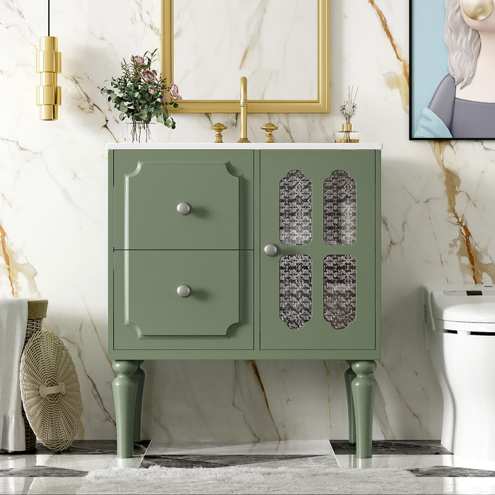 Retro Style 30'' Bathroom Vanity with Ceramic Sink Combo, Freestanding Single Vanity with 2 Drawers, Solid Wood Frame Bathroom Storage Cabinet, Green Default -DTYStore