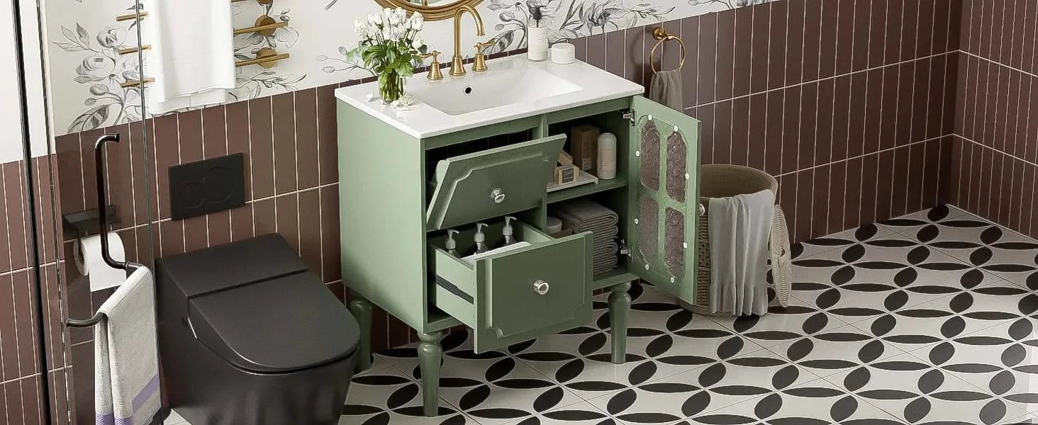 Retro Style 30'' Bathroom Vanity with Ceramic Sink Combo, Freestanding Single Vanity with 2 Drawers, Solid Wood Frame Bathroom Storage Cabinet, Green Default -DTYStore