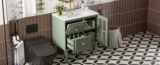 Retro Style 30'' Bathroom Vanity with Ceramic Sink Combo, Freestanding Single Vanity with 2 Drawers, Solid Wood Frame Bathroom Storage Cabinet, Green Default -DTYStore