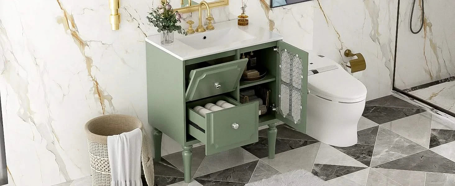 Retro Style 30'' Bathroom Vanity with Ceramic Sink Combo, Freestanding Single Vanity with 2 Drawers, Solid Wood Frame Bathroom Storage Cabinet, Green Default -DTYStore