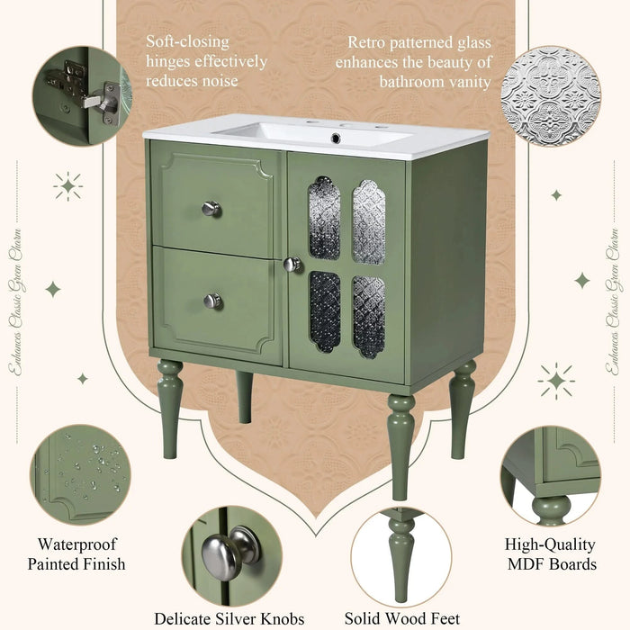Retro Style 30'' Bathroom Vanity with Ceramic Sink Combo, Freestanding Single Vanity with 2 Drawers, Solid Wood Frame Bathroom Storage Cabinet, Green Default -DTYStore
