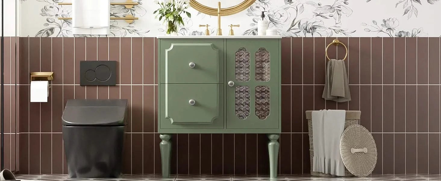 Retro Style 30'' Bathroom Vanity with Ceramic Sink Combo, Freestanding Single Vanity with 2 Drawers, Solid Wood Frame Bathroom Storage Cabinet, Green Default -DTYStore