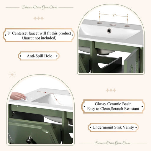Retro Style 30'' Bathroom Vanity with Ceramic Sink Combo, Freestanding Single Vanity with 2 Drawers, Solid Wood Frame Bathroom Storage Cabinet, Green Default -DTYStore