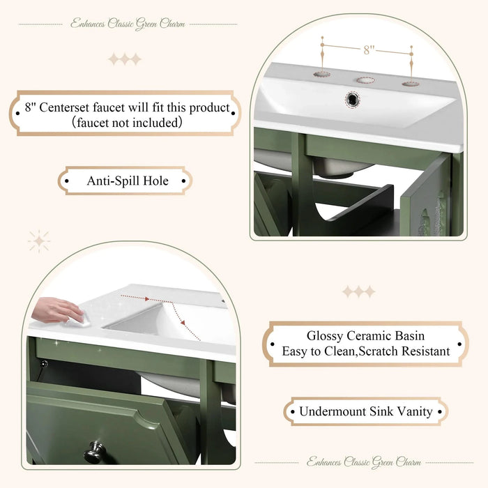 Retro Style 30'' Bathroom Vanity with Ceramic Sink Combo, Freestanding Single Vanity with 2 Drawers, Solid Wood Frame Bathroom Storage Cabinet, Green Default -DTYStore