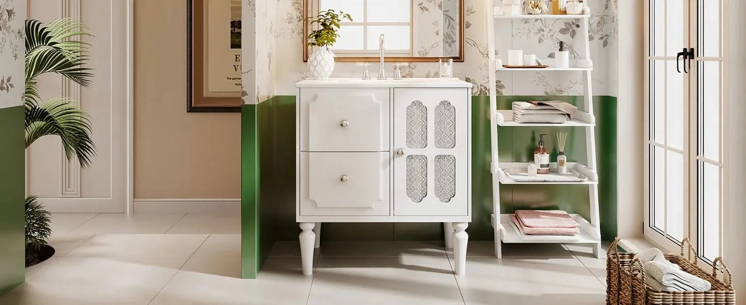 Retro Style 30'' Bathroom Vanity with Ceramic Sink Combo, Freestanding Single Vanity with 2 Drawers, Solid Wood Frame Bathroom Storage Cabinet, White Default -DTYStore