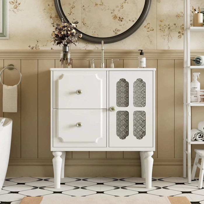 Retro Style 30'' Bathroom Vanity with Ceramic Sink Combo, Freestanding Single Vanity with 2 Drawers, Solid Wood Frame Bathroom Storage Cabinet, White Default -DTYStore