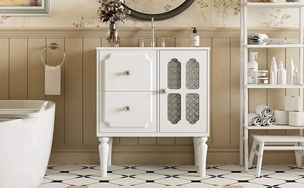 Retro Style 30'' Bathroom Vanity with Ceramic Sink Combo, Freestanding Single Vanity with 2 Drawers, Solid Wood Frame Bathroom Storage Cabinet, White Default -DTYStore