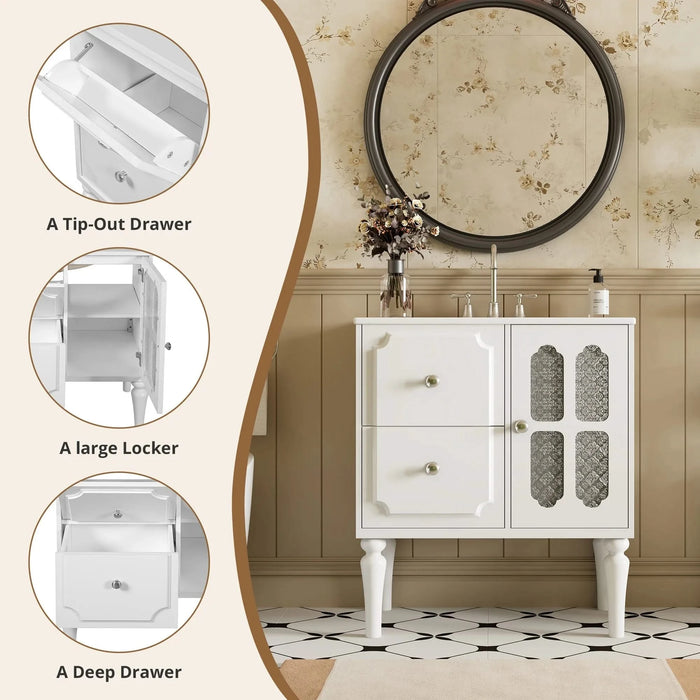 Retro Style 30'' Bathroom Vanity with Ceramic Sink Combo, Freestanding Single Vanity with 2 Drawers, Solid Wood Frame Bathroom Storage Cabinet, White Default -DTYStore
