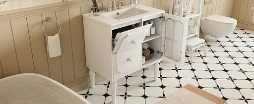 Retro Style 30'' Bathroom Vanity with Ceramic Sink Combo, Freestanding Single Vanity with 2 Drawers, Solid Wood Frame Bathroom Storage Cabinet, White Default -DTYStore