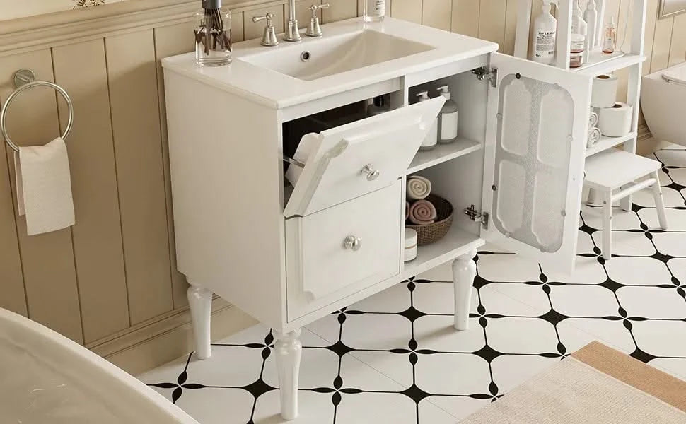 Retro Style 30'' Bathroom Vanity with Ceramic Sink Combo, Freestanding Single Vanity with 2 Drawers, Solid Wood Frame Bathroom Storage Cabinet, White Default -DTYStore