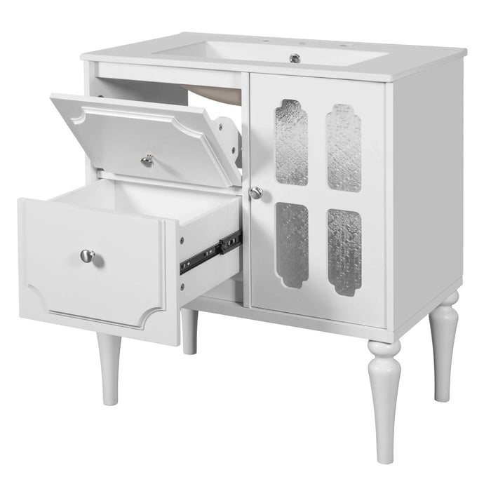 Retro Style 30'' Bathroom Vanity with Ceramic Sink Combo, Freestanding Single Vanity with 2 Drawers, Solid Wood Frame Bathroom Storage Cabinet, White Default -DTYStore