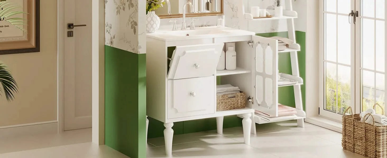 Retro Style 30'' Bathroom Vanity with Ceramic Sink Combo, Freestanding Single Vanity with 2 Drawers, Solid Wood Frame Bathroom Storage Cabinet, White Default -DTYStore