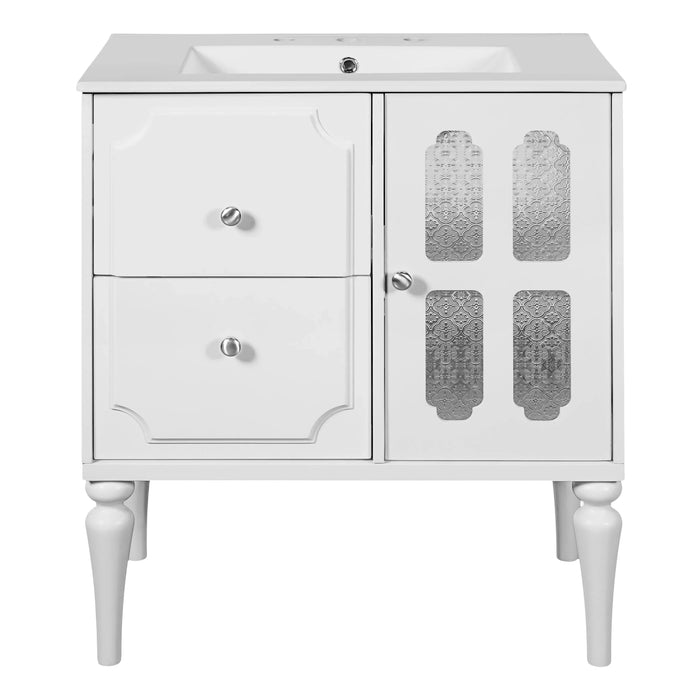Retro Style 30'' Bathroom Vanity with Ceramic Sink Combo, Freestanding Single Vanity with 2 Drawers, Solid Wood Frame Bathroom Storage Cabinet, White Default -DTYStore