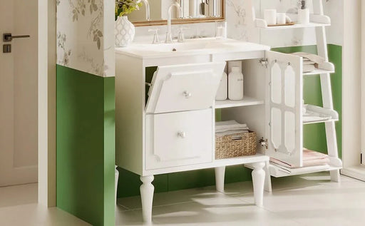 Retro Style 30'' Bathroom Vanity with Ceramic Sink Combo, Freestanding Single Vanity with 2 Drawers, Solid Wood Frame Bathroom Storage Cabinet, White Default -DTYStore