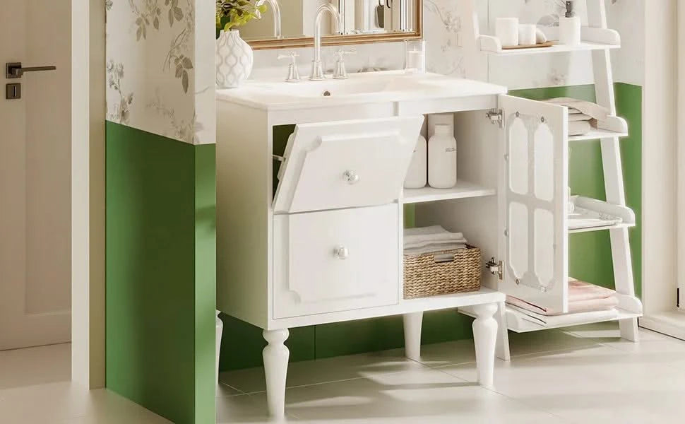 Retro Style 30'' Bathroom Vanity with Ceramic Sink Combo, Freestanding Single Vanity with 2 Drawers, Solid Wood Frame Bathroom Storage Cabinet, White Default -DTYStore