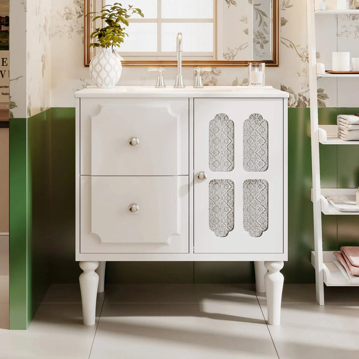Retro Style 30'' Bathroom Vanity with Ceramic Sink Combo, Freestanding Single Vanity with 2 Drawers, Solid Wood Frame Bathroom Storage Cabinet, White Default -DTYStore