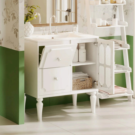 Retro Style 30'' Bathroom Vanity with Ceramic Sink Combo, Freestanding Single Vanity with 2 Drawers, Solid Wood Frame Bathroom Storage Cabinet, White Default -DTYStore