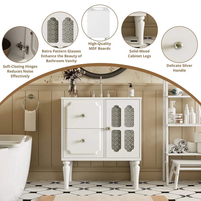 Retro Style 30'' Bathroom Vanity with Ceramic Sink Combo, Freestanding Single Vanity with 2 Drawers, Solid Wood Frame Bathroom Storage Cabinet, White Default -DTYStore