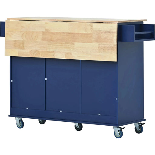 Rolling Mobile Kitchen Island with Drop Leaf - Solid Wood Top, Locking Wheels & Storage Cabinet 52.7 Inch Width(Dark blue) Default -DTYStore