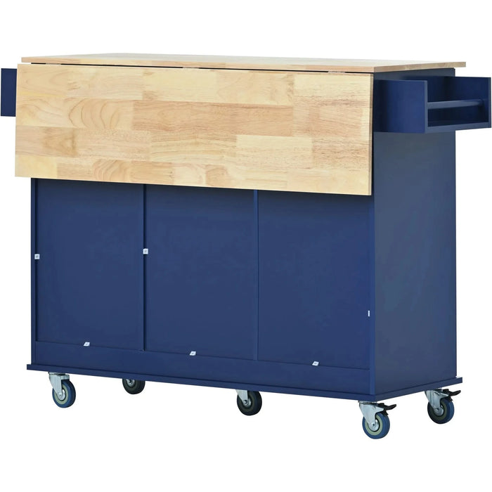 Rolling Mobile Kitchen Island with Drop Leaf - Solid Wood Top, Locking Wheels & Storage Cabinet 52.7 Inch Width(Dark blue) Default -DTYStore