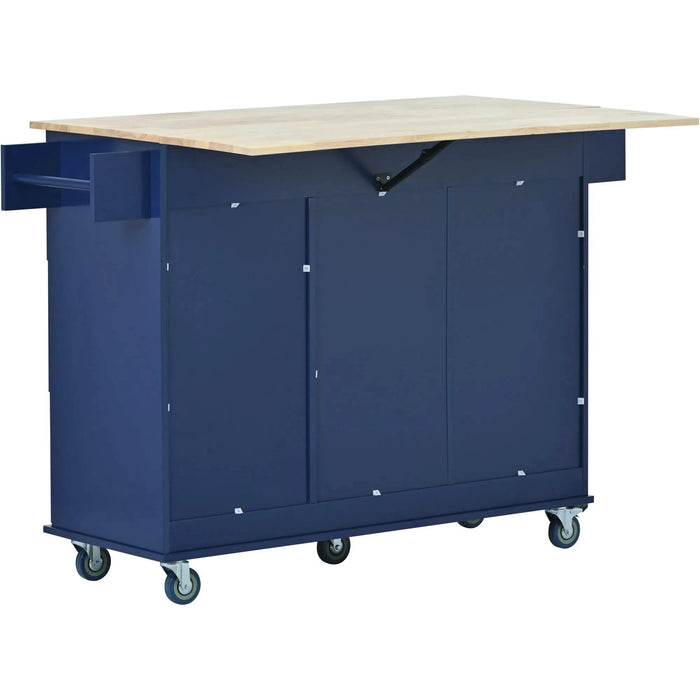 Rolling Mobile Kitchen Island with Drop Leaf - Solid Wood Top, Locking Wheels & Storage Cabinet 52.7 Inch Width(Dark blue) Default -DTYStore