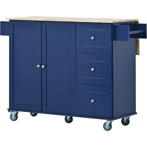 Rolling Mobile Kitchen Island with Drop Leaf - Solid Wood Top, Locking Wheels & Storage Cabinet 52.7 Inch Width(Dark blue) Default -DTYStore