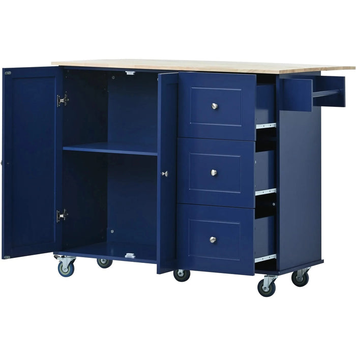 Rolling Mobile Kitchen Island with Drop Leaf - Solid Wood Top, Locking Wheels & Storage Cabinet 52.7 Inch Width(Dark blue) Default -DTYStore