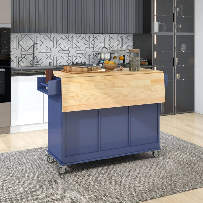 Rolling Mobile Kitchen Island with Drop Leaf - Solid Wood Top, Locking Wheels & Storage Cabinet 52.7 Inch Width(Dark blue) Default -DTYStore