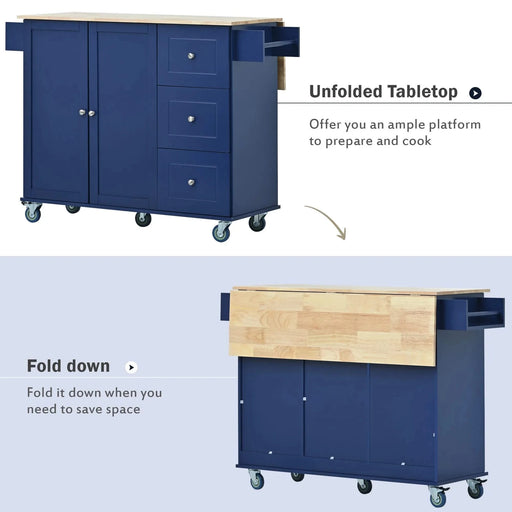 Rolling Mobile Kitchen Island with Drop Leaf - Solid Wood Top, Locking Wheels & Storage Cabinet 52.7 Inch Width(Dark blue) Default -DTYStore