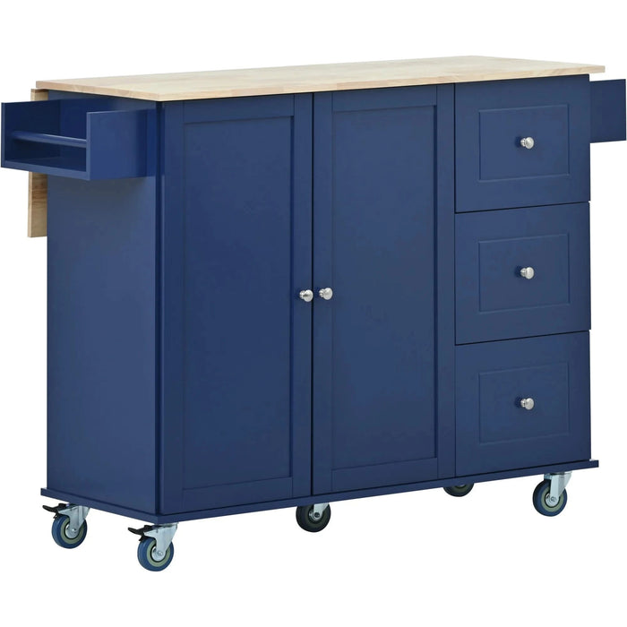 Rolling Mobile Kitchen Island with Drop Leaf - Solid Wood Top, Locking Wheels & Storage Cabinet 52.7 Inch Width(Dark blue) Default -DTYStore