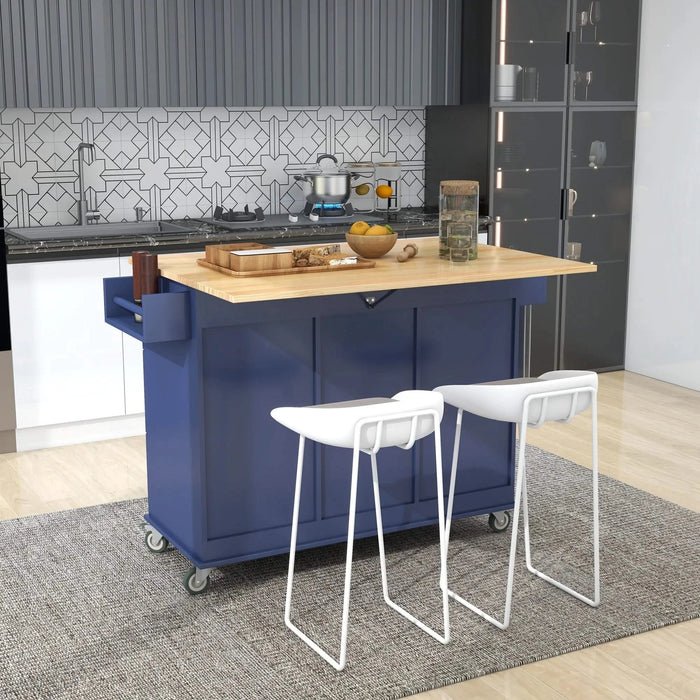 Rolling Mobile Kitchen Island with Drop Leaf - Solid Wood Top, Locking Wheels & Storage Cabinet 52.7 Inch Width(Dark blue) Default -DTYStore
