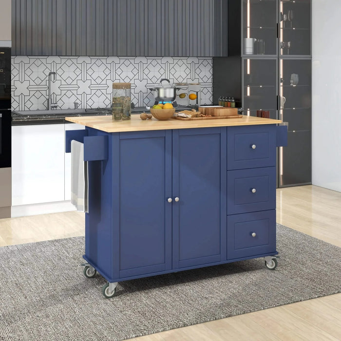 Rolling Mobile Kitchen Island with Drop Leaf - Solid Wood Top, Locking Wheels & Storage Cabinet 52.7 Inch Width(Dark blue) Default -DTYStore