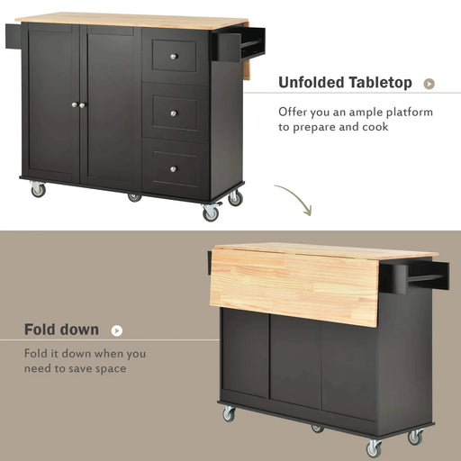 Rolling Mobile Kitchen Island with Solid Wood Top and Locking Wheels,52.7 Inch Width,Storage Cabinet and Drop Leaf Breakfast Bar,Spice Rack, Towel Rack & Drawer (Black) Default -DTYStore