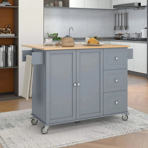 Rolling Mobile Kitchen Island with Solid Wood Top and Locking Wheels,52.7 Inch Width,Storage Cabinet and Drop Leaf Breakfast Bar,Spice Rack, Towel Rack & Drawer (Grey Blue) Default -DTYStore