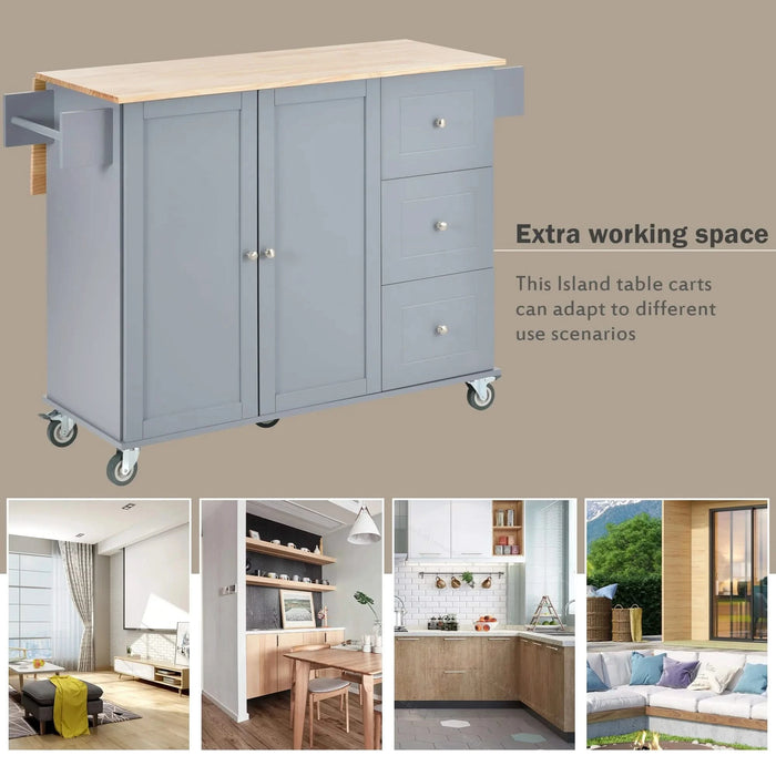 Rolling Mobile Kitchen Island with Solid Wood Top and Locking Wheels,52.7 Inch Width,Storage Cabinet and Drop Leaf Breakfast Bar,Spice Rack, Towel Rack & Drawer (Grey Blue) Default -DTYStore