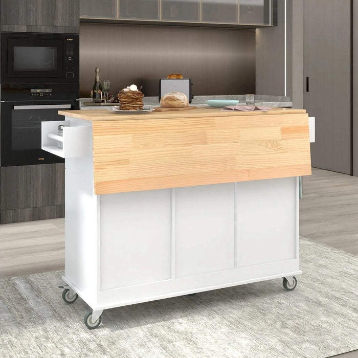 Rolling Mobile Kitchen Island with Solid Wood Top and Locking Wheels,52.7 Inch Width,Storage Cabinet and Drop Leaf Breakfast Bar,Spice Rack, Towel Rack & Drawer (White) Default -DTYStore