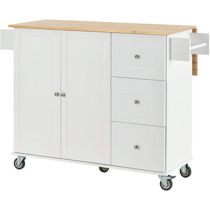 Rolling Mobile Kitchen Island with Solid Wood Top and Locking Wheels,52.7 Inch Width,Storage Cabinet and Drop Leaf Breakfast Bar,Spice Rack, Towel Rack & Drawer (White) Default -DTYStore