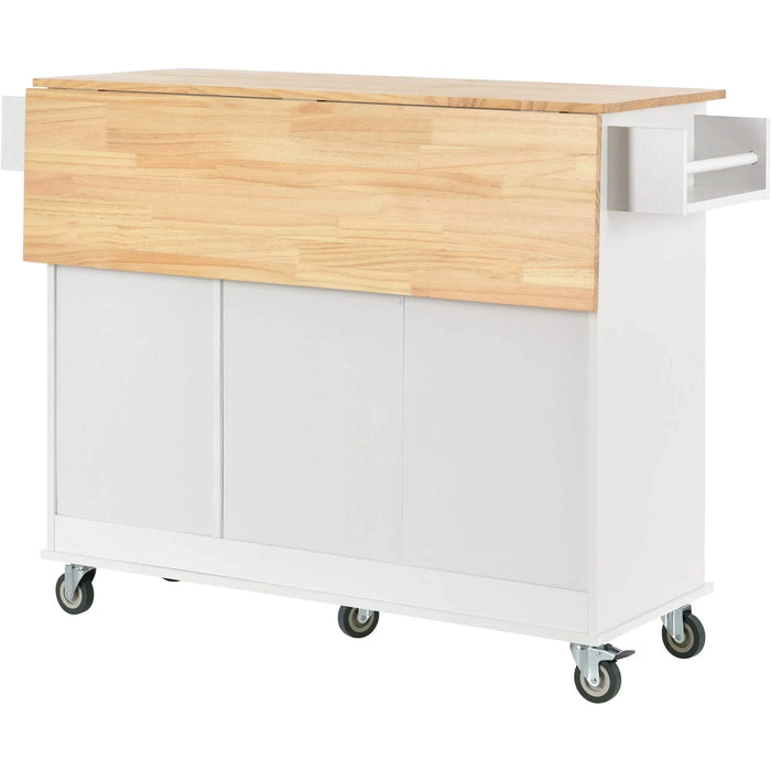 Rolling Mobile Kitchen Island with Solid Wood Top and Locking Wheels,52.7 Inch Width,Storage Cabinet and Drop Leaf Breakfast Bar,Spice Rack, Towel Rack & Drawer (White) Default -DTYStore