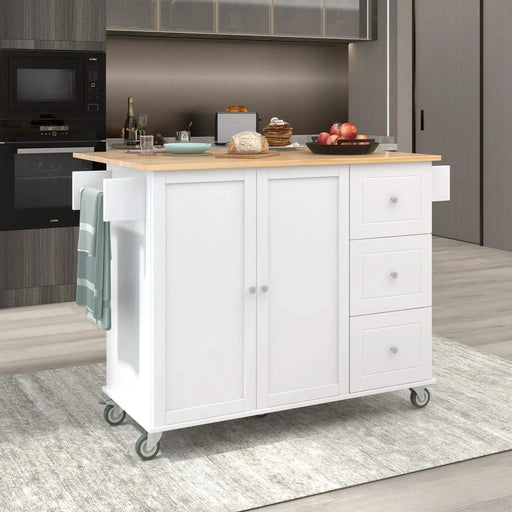 Rolling Mobile Kitchen Island with Solid Wood Top and Locking Wheels,52.7 Inch Width,Storage Cabinet and Drop Leaf Breakfast Bar,Spice Rack, Towel Rack & Drawer (White) Default -DTYStore