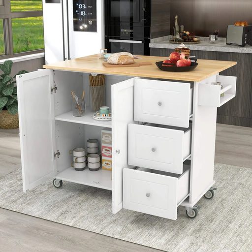 Rolling Mobile Kitchen Island with Solid Wood Top and Locking Wheels,52.7 Inch Width,Storage Cabinet and Drop Leaf Breakfast Bar,Spice Rack, Towel Rack & Drawer (White) Default -DTYStore