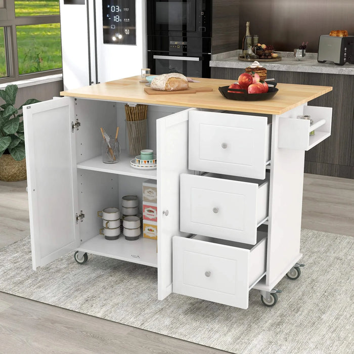 Rolling Mobile Kitchen Island with Solid Wood Top and Locking Wheels,52.7 Inch Width,Storage Cabinet and Drop Leaf Breakfast Bar,Spice Rack, Towel Rack & Drawer (White) Default -DTYStore