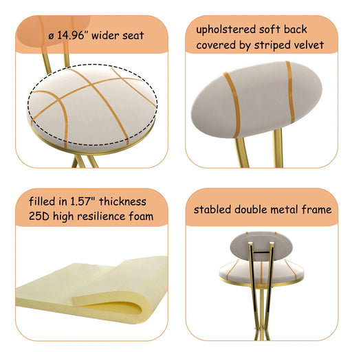Round Bar Stools S-shaped Stripe Kitchen Stool Set of 2 Modern Velvet Upholstered Counter Chair for Dining Room (Gold & Stripe) Default -DTYStore