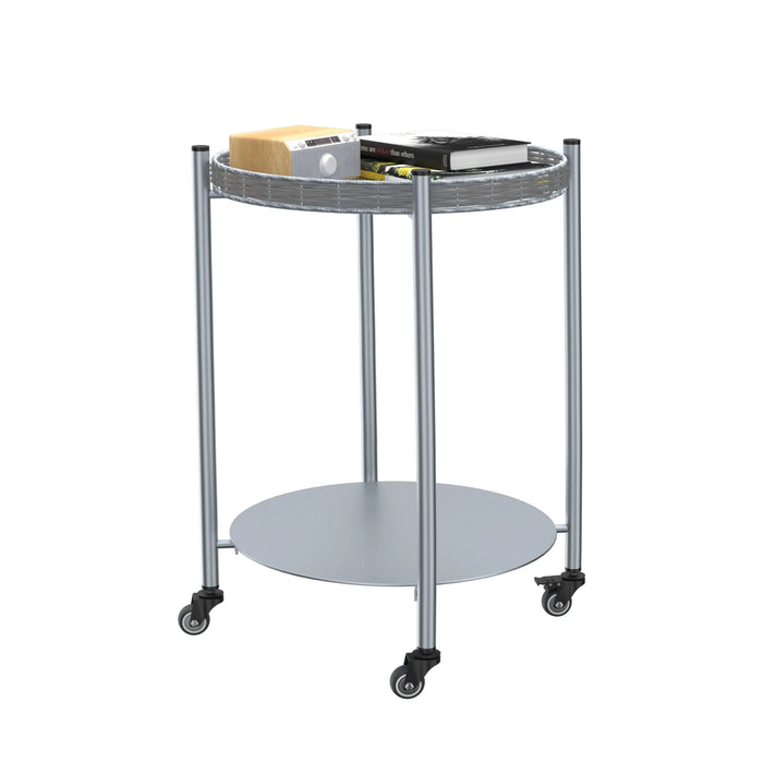 Round Coffee Table with Wheels 2-Tier Movable Side Tables Silver Metal Detachable Bedside Nightstand for Bedroom Living Room End Tables Next To Sofa (Silver Gray) Default -DTYStore