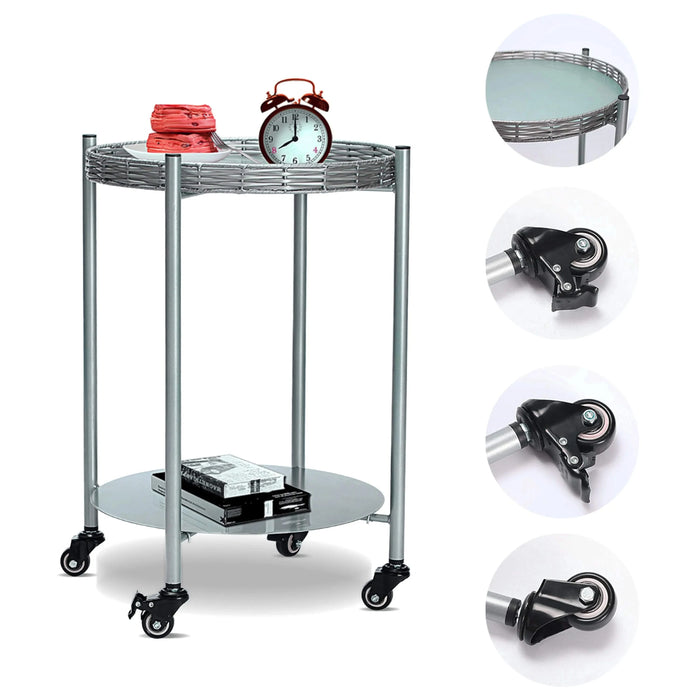 Round Coffee Table with Wheels 2-Tier Movable Side Tables Silver Metal Detachable Bedside Nightstand for Bedroom Living Room End Tables Next To Sofa (Silver Gray) Default -DTYStore