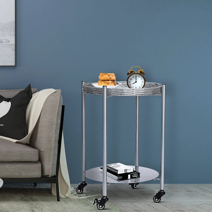 Round Coffee Table with Wheels 2-Tier Movable Side Tables Silver Metal Detachable Bedside Nightstand for Bedroom Living Room End Tables Next To Sofa (Silver Gray) Default -DTYStore