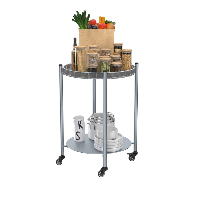 Round Coffee Table with Wheels 2-Tier Movable Side Tables Silver Metal Detachable Bedside Nightstand for Bedroom Living Room End Tables Next To Sofa (Silver Gray) Default -DTYStore