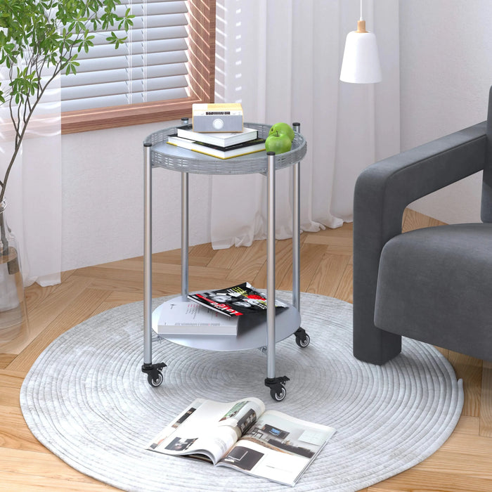 Round Coffee Table with Wheels 2-Tier Movable Side Tables Silver Metal Detachable Bedside Nightstand for Bedroom Living Room End Tables Next To Sofa (Silver Gray) Default -DTYStore